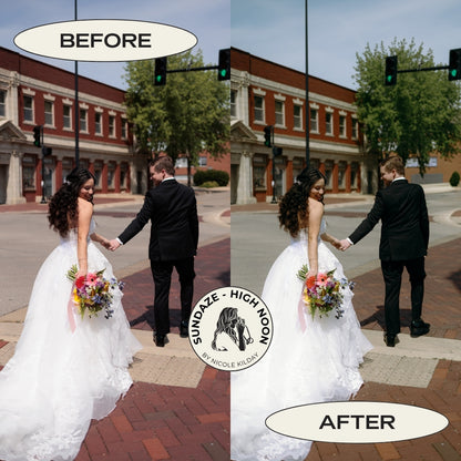 Before and after harsh light outdoor wedding portrait edited with the Sundaze High Noon Lightroom preset by Nicole Kilday Photography