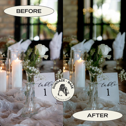 Before and after indoor wedding detail photo edited with the Sundaze Base Lightroom preset by Nicole Kilday Photography