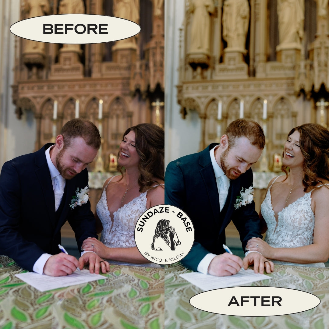 Before and after low light church wedding photo edited with the Sundaze Base Lightroom preset by Nicole Kilday Photography