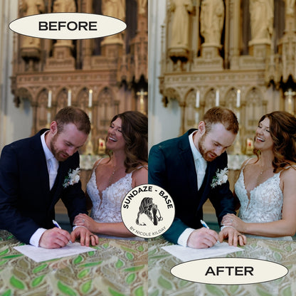 Before and after low light church wedding photo edited with the Sundaze Base Lightroom preset by Nicole Kilday Photography