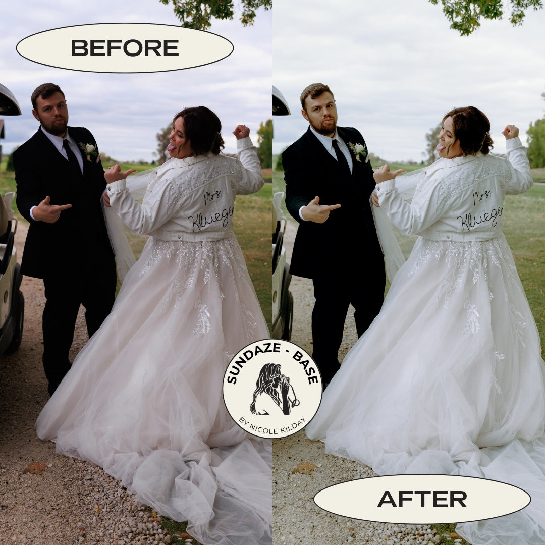 Before and after outdoor wedding photo edited with the Sundaze Base Lightroom preset for wedding photographers by Nicole Kilday Photography