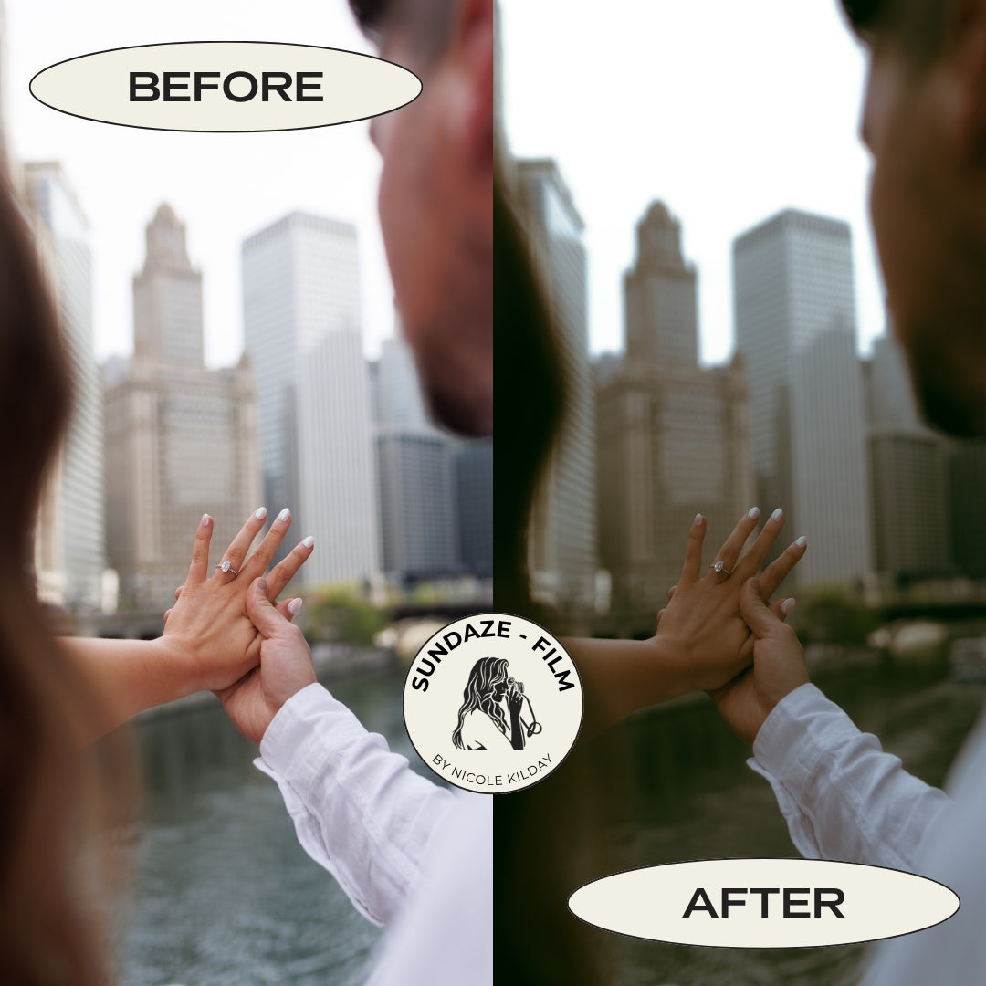 Before and after Chicago engagement photo edited with the Sundaze Film tweak Lightroom preset by Nicole Kilday Photography