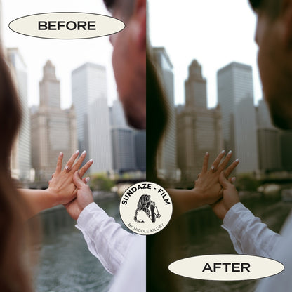 Before and after Chicago engagement photo edited with the Sundaze Film tweak Lightroom preset by Nicole Kilday Photography