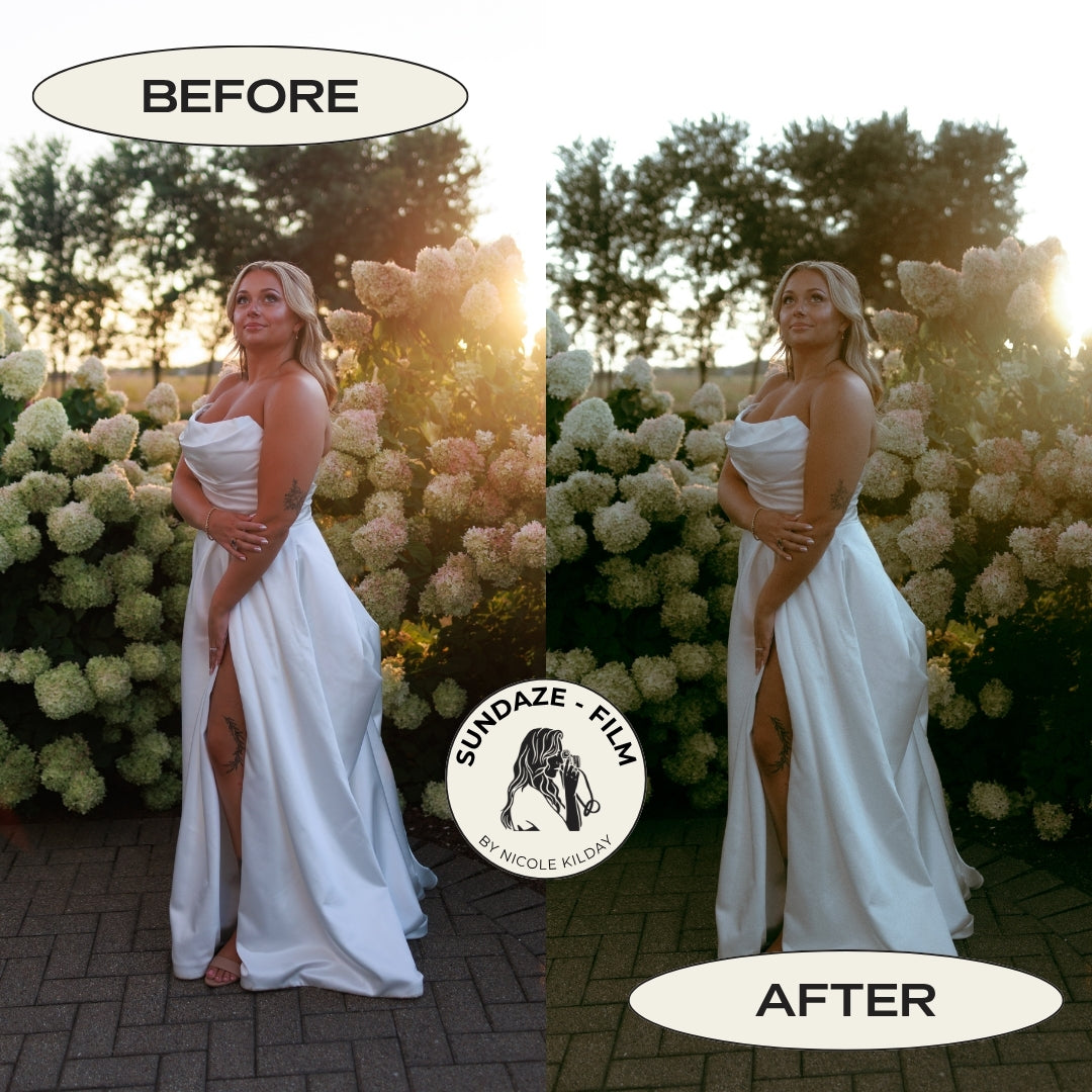 Before and after golden hour bridal portrait edited with the Sundaze Film tweak Lightroom preset by Nicole Kilday Photography
