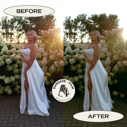 Before and after golden hour bridal portrait edited with the Sundaze Film tweak Lightroom preset by Nicole Kilday Photography