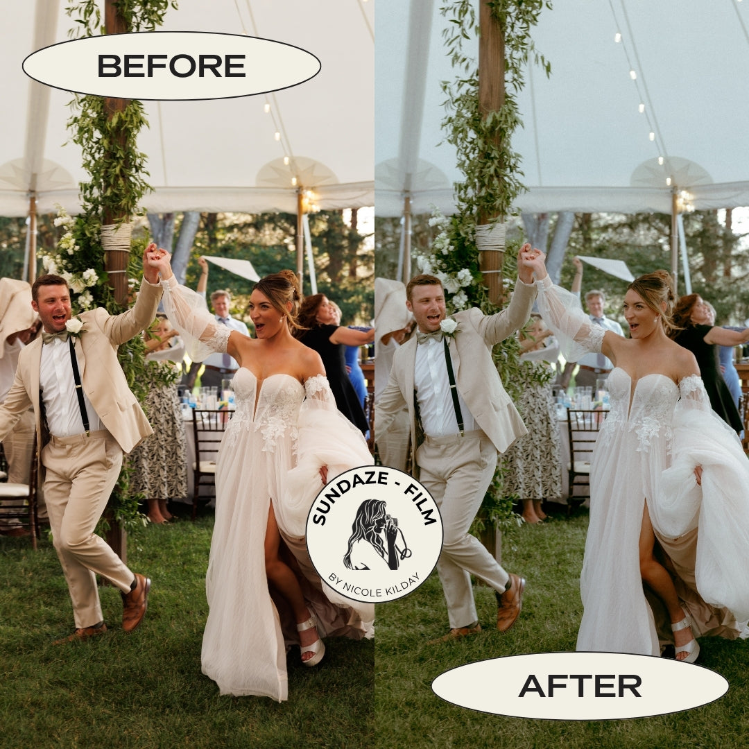 Before and after outdoor wedding reception photo edited with the Sundaze Film tweak Lightroom preset for wedding photographers by Nicole Kilday Photography