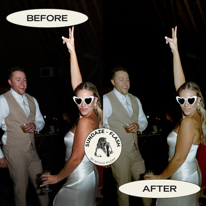 Before and after dark barn wedding reception photo edited with the Sundaze Flash Lightroom preset by Nicole Kilday Photography