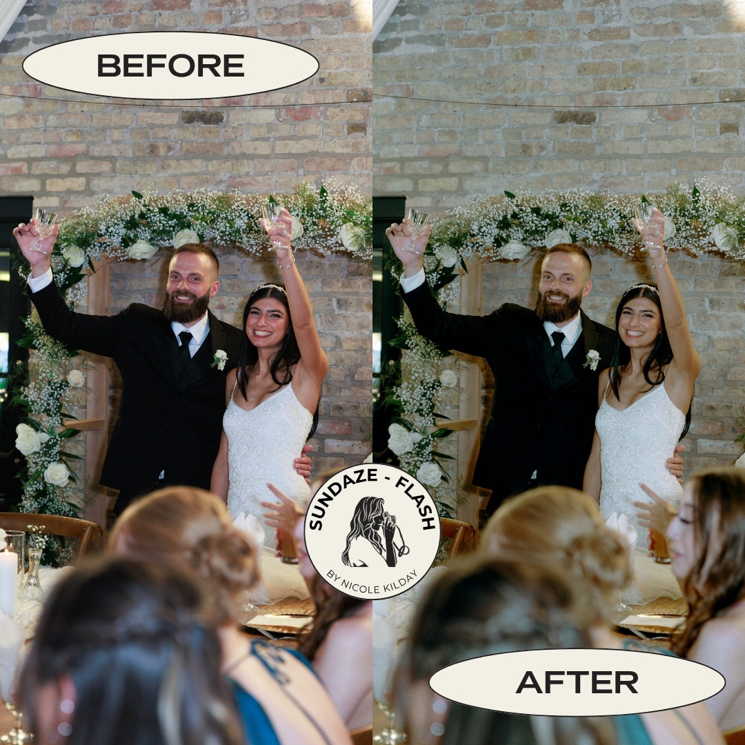 Before and after wedding reception photo at a brick venue edited with the Sundaze Flash Lightroom preset by Nicole Kilday Photography