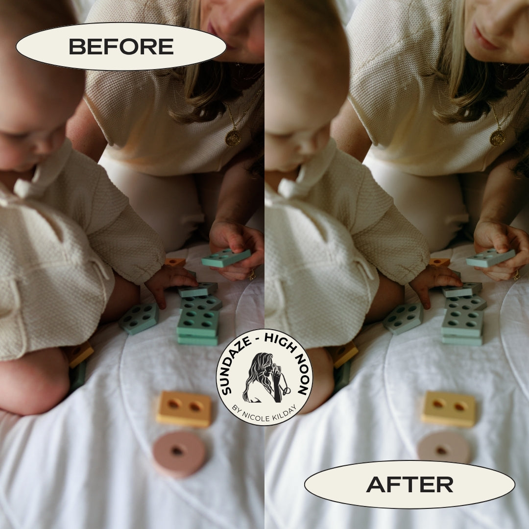 Before and after indoor newborn session edited with the Sundaze High Noon Lightroom preset for family photographers by Nicole Kilday Photography