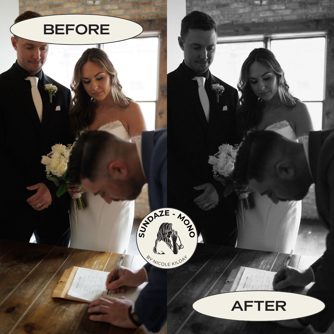 Before and after indoor elopement ceremony photo converted to black and white using the Sundaze Mono Lightroom preset by Nicole Kilday Photography