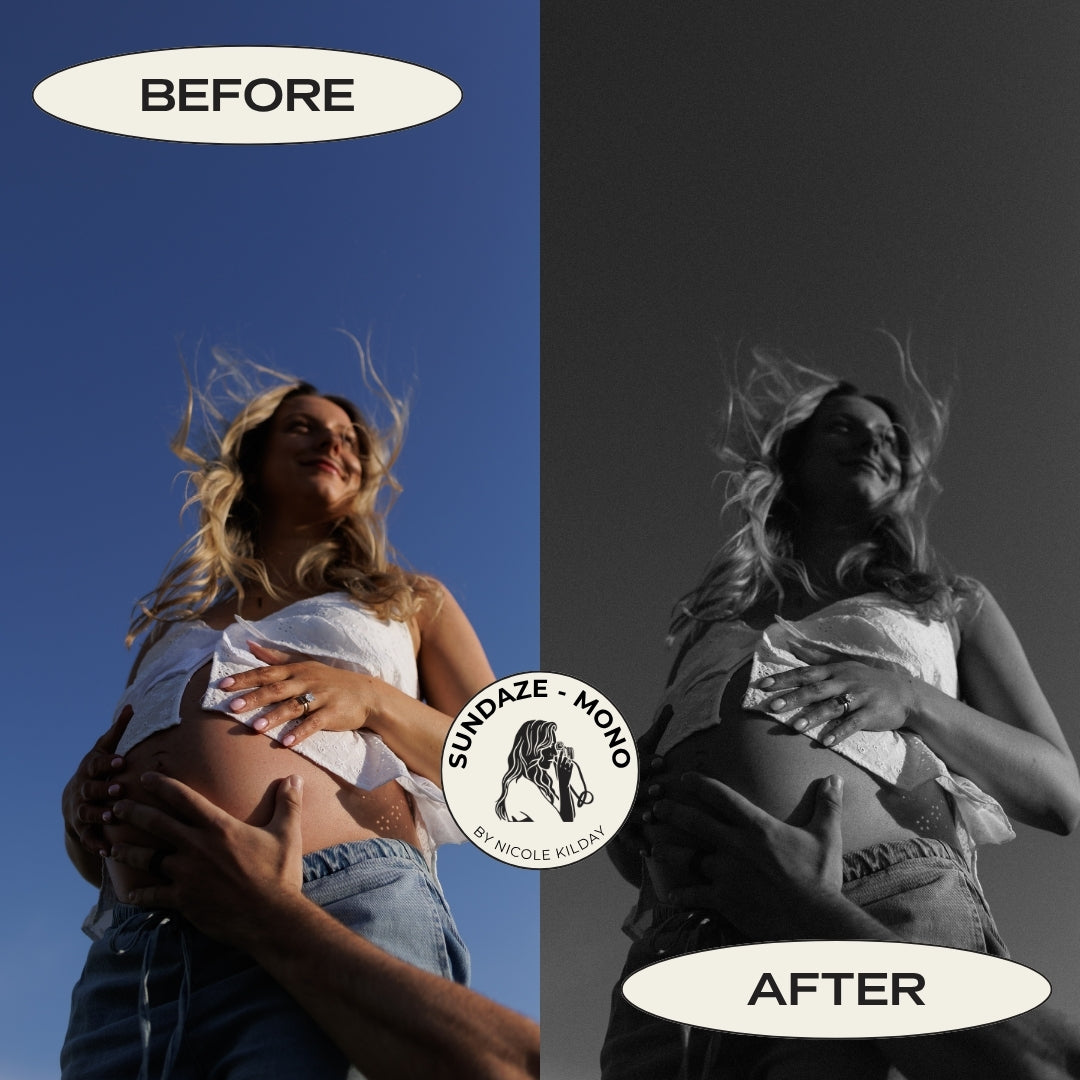 Before and after maternity photo converted to black and white using the Sundaze Mono Lightroom preset by Nicole Kilday Photography
