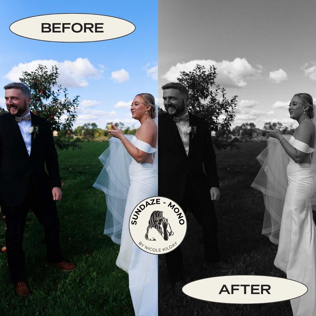 Before and after outdoor wedding photo converted to black and white using the Sundaze Mono Lightroom preset by Nicole Kilday Photography