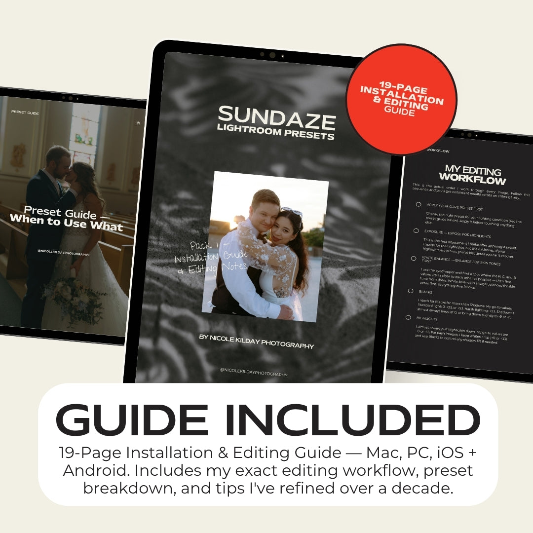 19-page installation and editing guide included with Sundaze Lightroom presets for wedding and family photographers by Nicole Kilday Photography