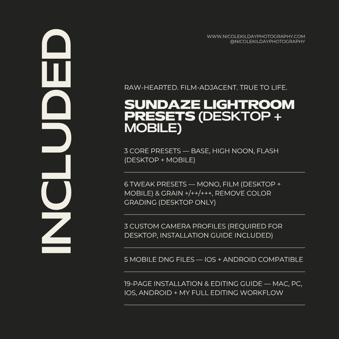 What's included in Sundaze Pack 1 Lightroom presets — 3 core presets, 6 tweak presets, 3 custom camera profiles, 5 mobile DNG files, and a 19-page installation and editing guide by Nicole Kilday Photography