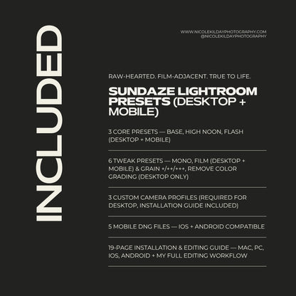 What's included in Sundaze Pack 1 Lightroom presets — 3 core presets, 6 tweak presets, 3 custom camera profiles, 5 mobile DNG files, and a 19-page installation and editing guide by Nicole Kilday Photography