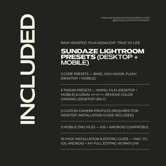What's included in Sundaze Pack 1 Lightroom presets — 3 core presets, 6 tweak presets, 3 custom camera profiles, 5 mobile DNG files, and a 19-page installation and editing guide by Nicole Kilday Photography